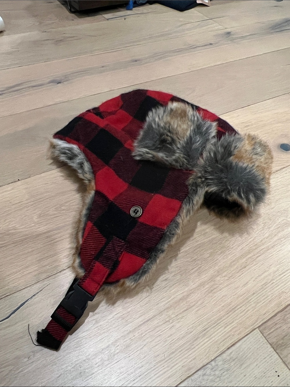 Goodfellow & Co Red and Black Buffalo Plaid Trapper Hat with Faux Fur